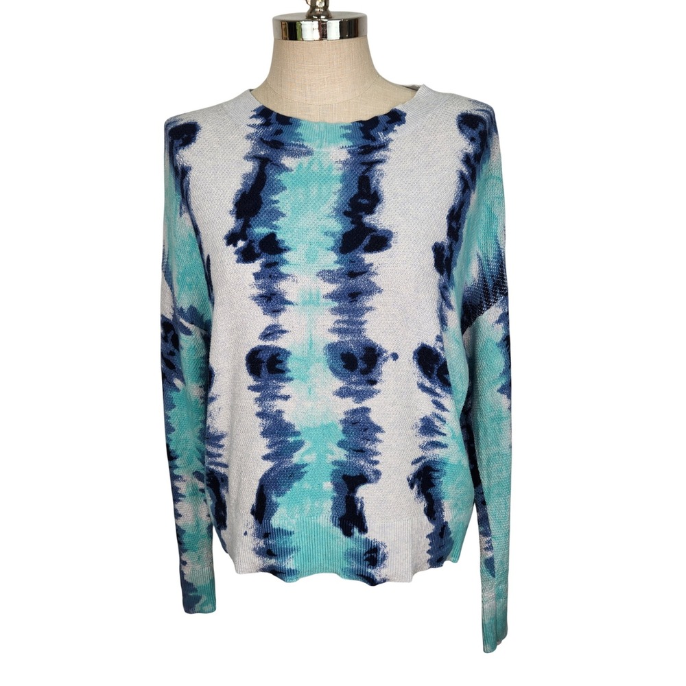 Lisa Todd M Tie Dye Knit Sweater Blue Teal White Crew Neck Pullover Long Sleeve